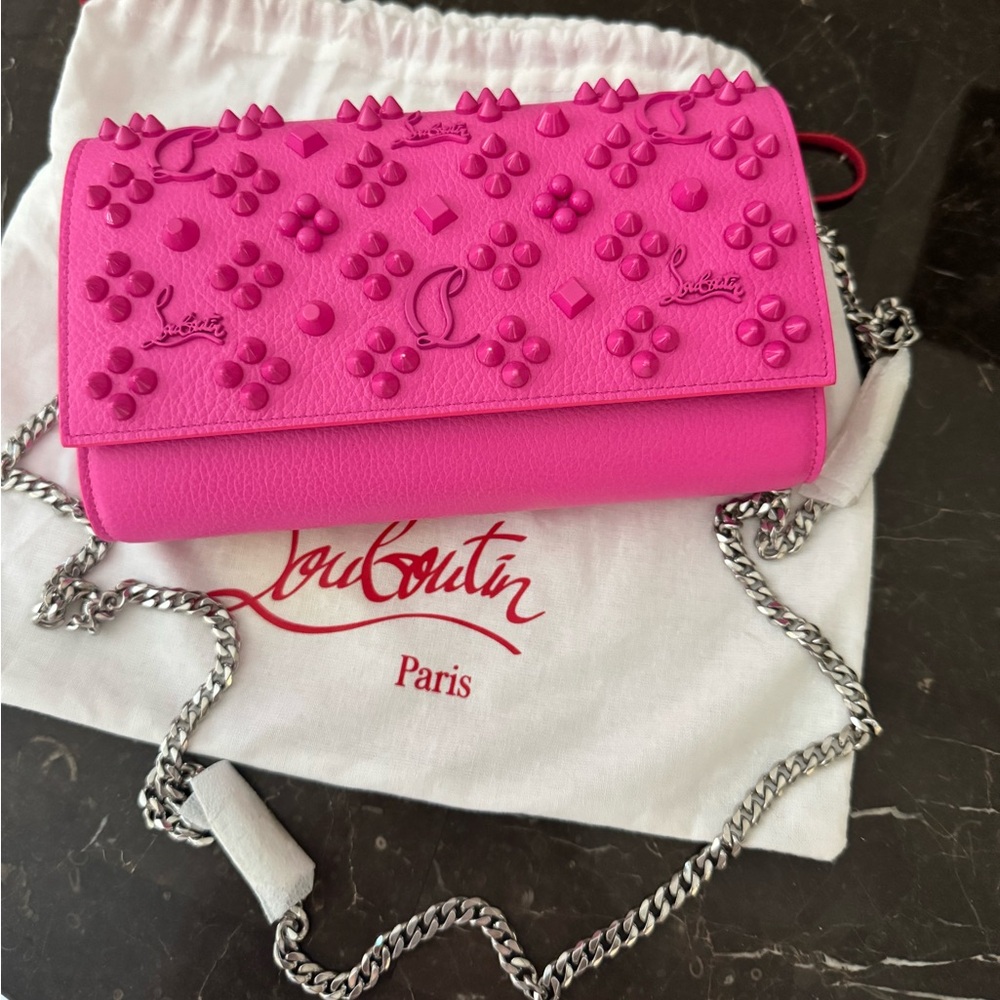 Christian Louboutin Hot Pink Leather Spike Embellished Chain Crossbody Bag - new